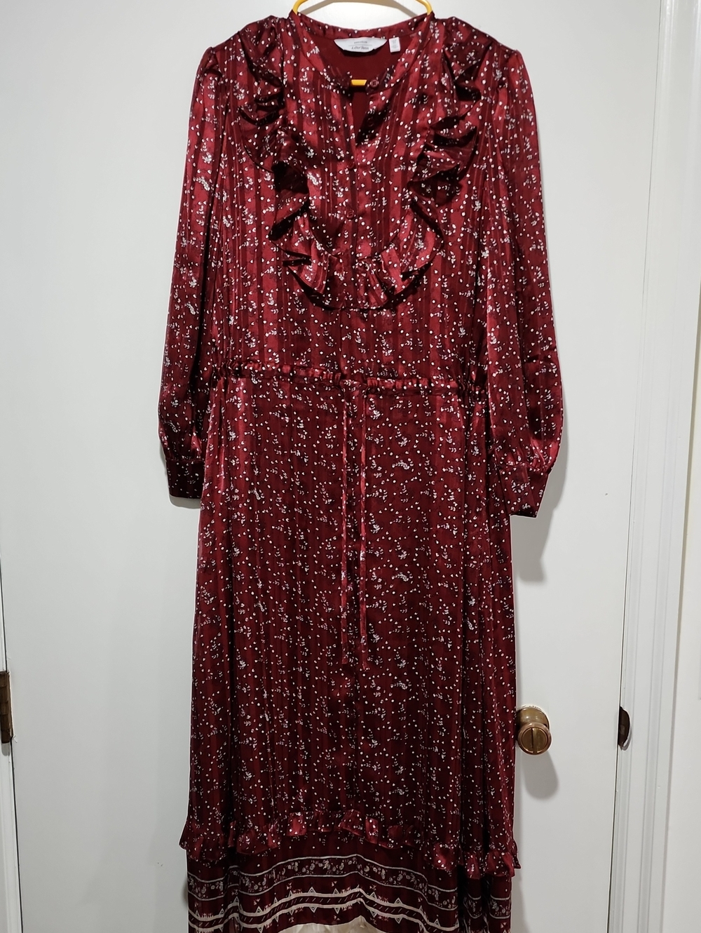 & Other Stories Wine Red Ruffle-Front Long Sleeve Midi Dress